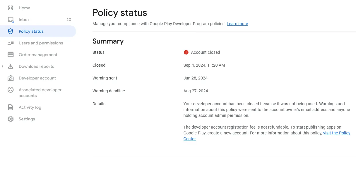 A screenshot of the "Account closed" message in the Google Play Console.