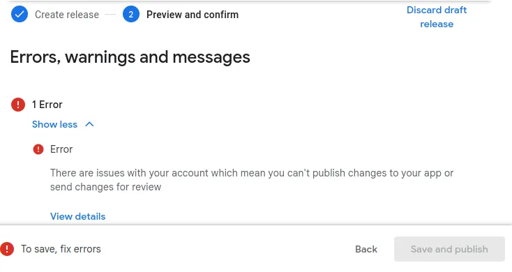 A screenshot of the account issues error message in the Google Play Console.