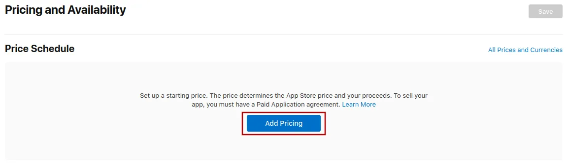 A screenshot of the price schedule section with the add pricing button highlighted.