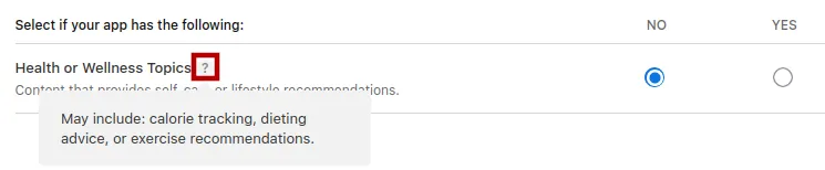 A screenshot of the additional explanation tooltip on the health or wellness topics question.