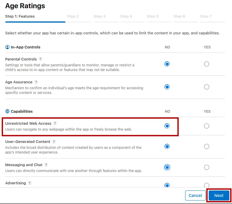 A screenshot of the first step of the age rating content dialog.
