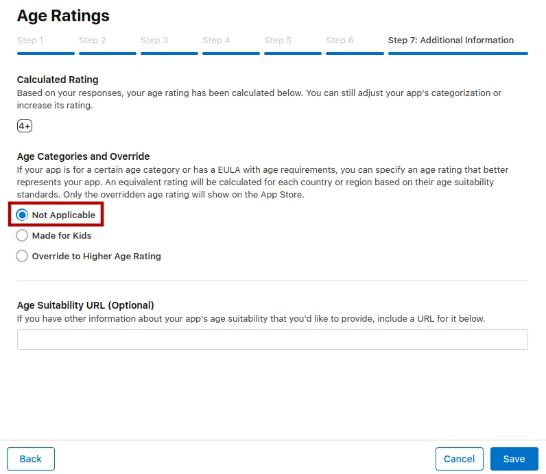A screenshot of the dialog that allows the user to restrict the app to certain age groups or mark it as made for kids.