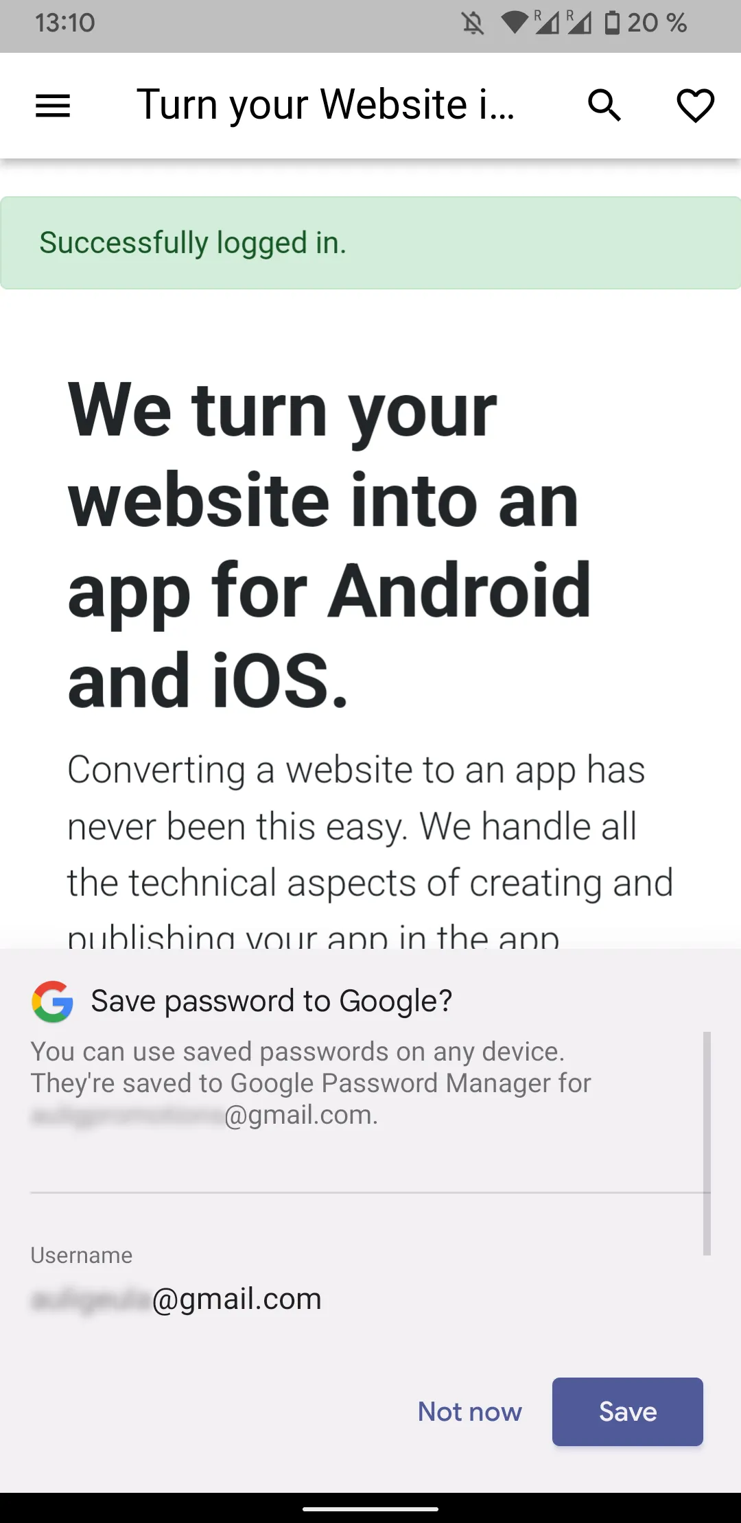 A screenshot of the Google password manager offering to save the password that was just used to log in.