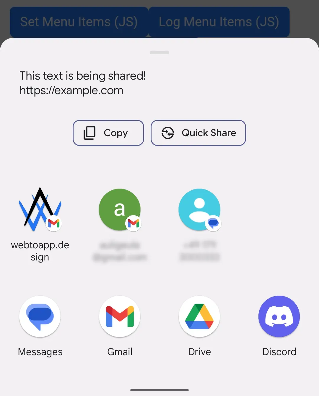 A screenshot of the native Android share dialog with the text 