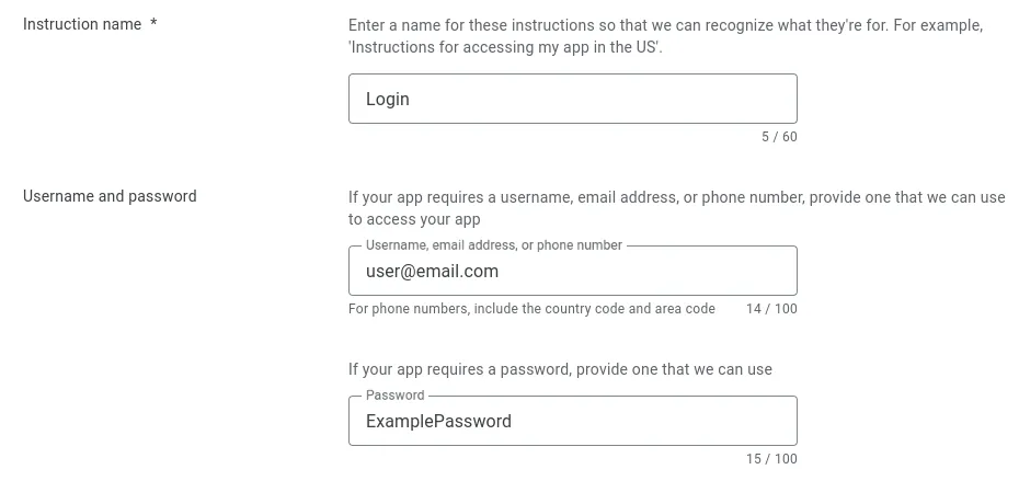 A screenshot of the username and password fields in the Google Play Console.