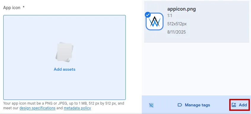 A screenshot of the app icon upload section with the "Add" button highlighted.