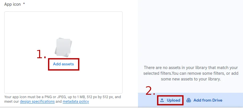 A screenshot of the app icon upload section with the "Add assets" and "Upload" buttons highlighted.