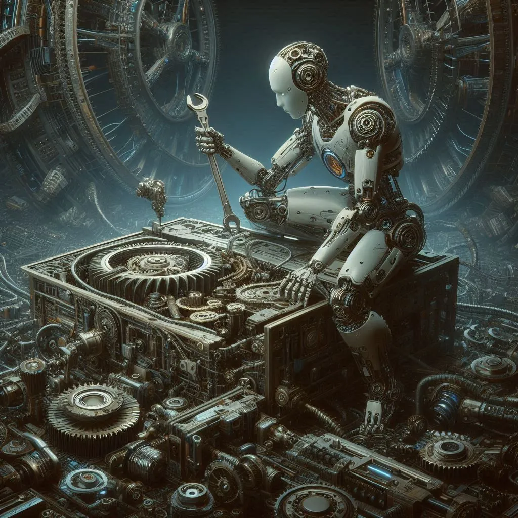 A humanoid robot repairing a broken machine, digital art