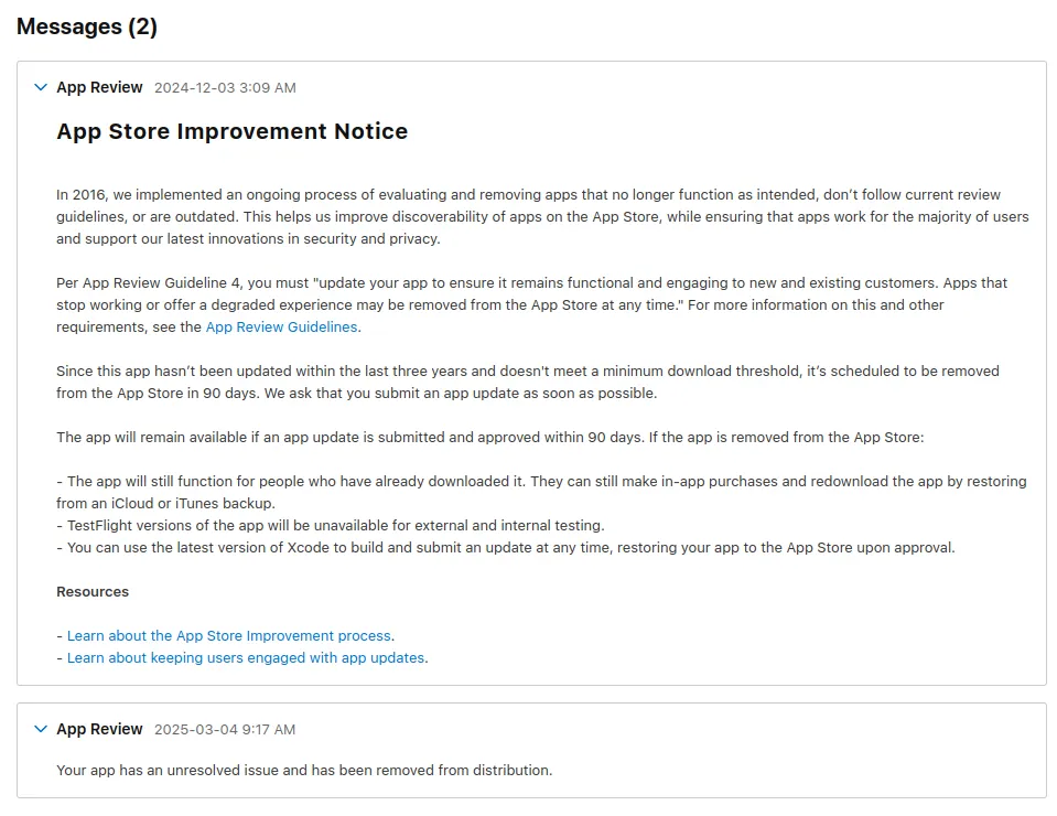 The "App Store Improvement Notice" sent by Apple's app review team, informing the user that their app must be updated.