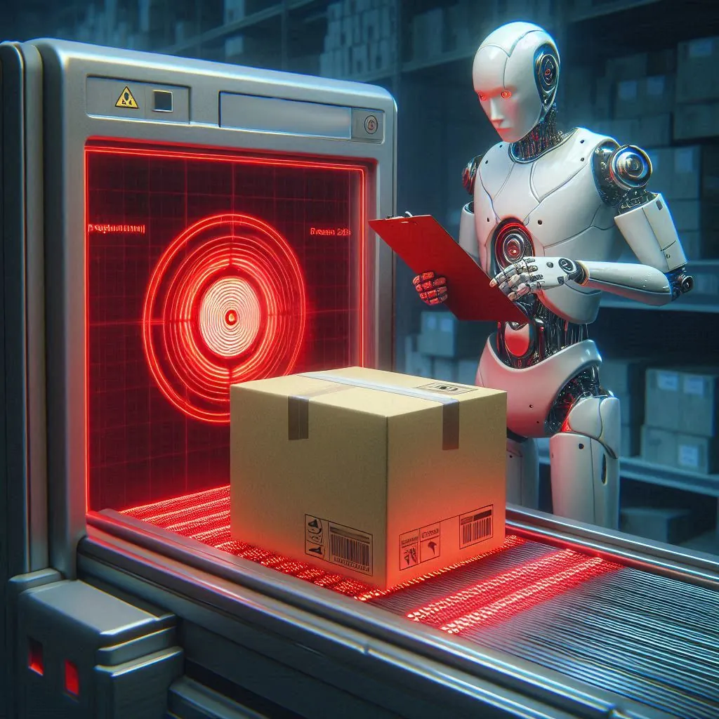 A package going through a scanner with a red error message while superviewed by a humanoid robot, digital art