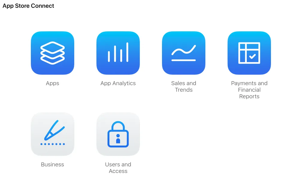 A screenshot of the app store connect starting page.