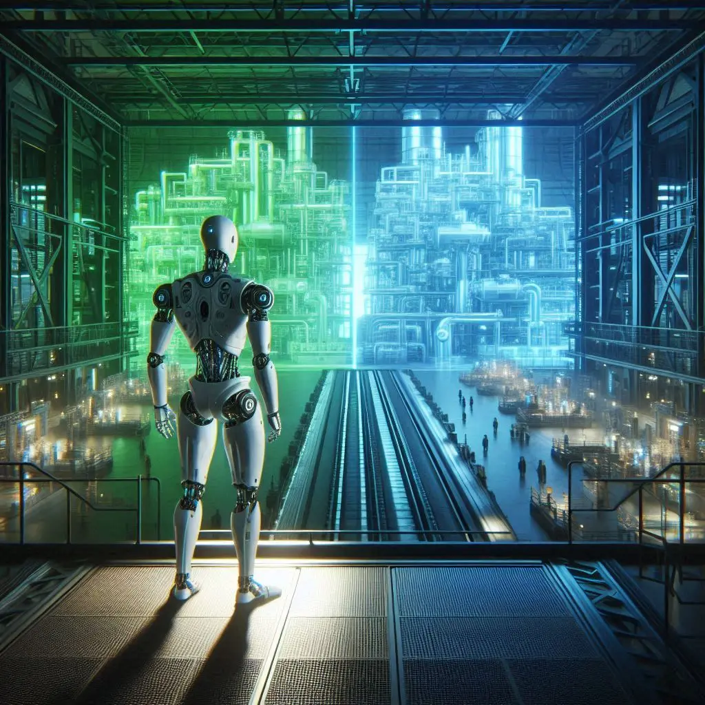 A humanoid robot standing on a platform looking at the inside of a production plant that is visibly split in the center. The left part is green, the right is blue, digital art