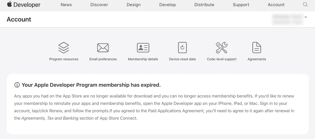 A screenshot of the "Your Apple Developer Program membership has expired." message.