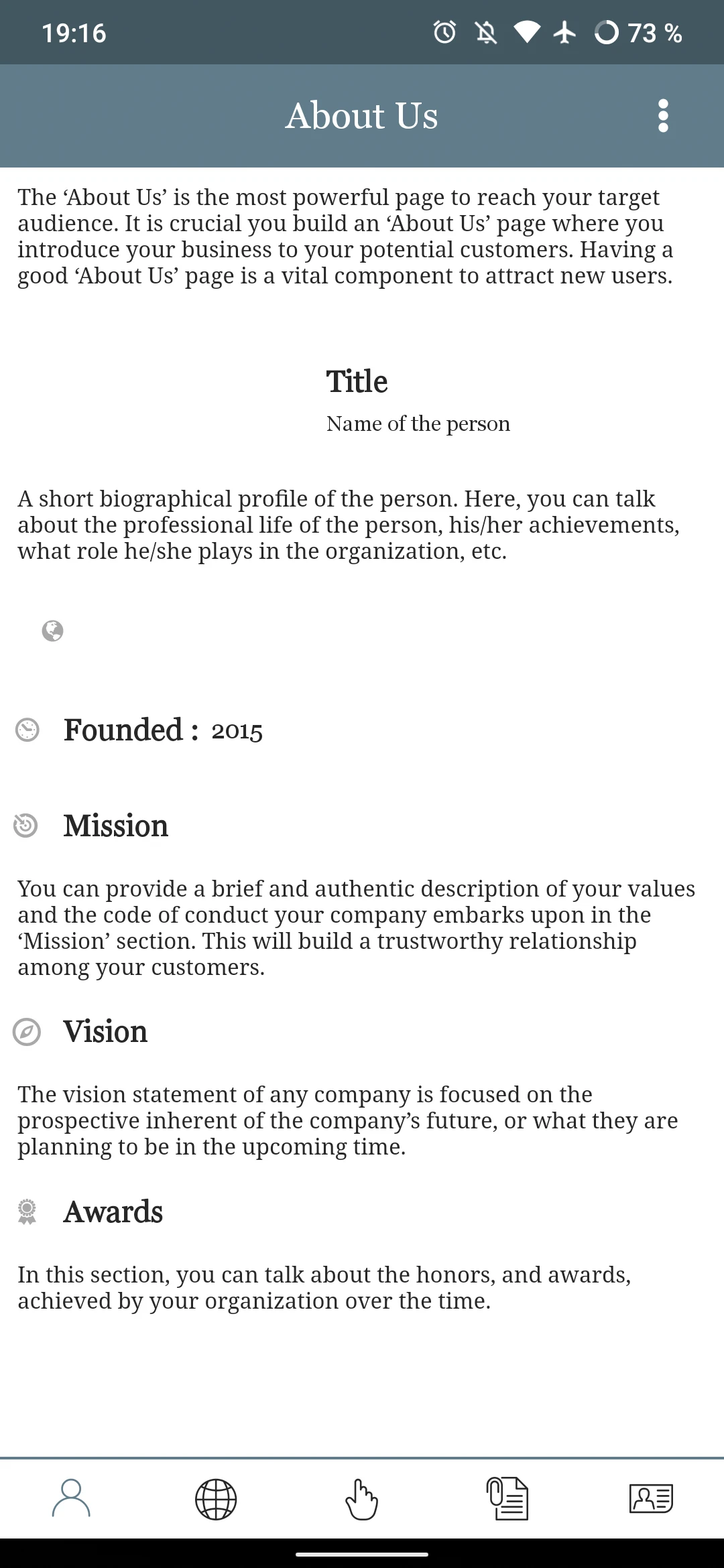 The main screen of an AppyPie app that shows a random about page.
