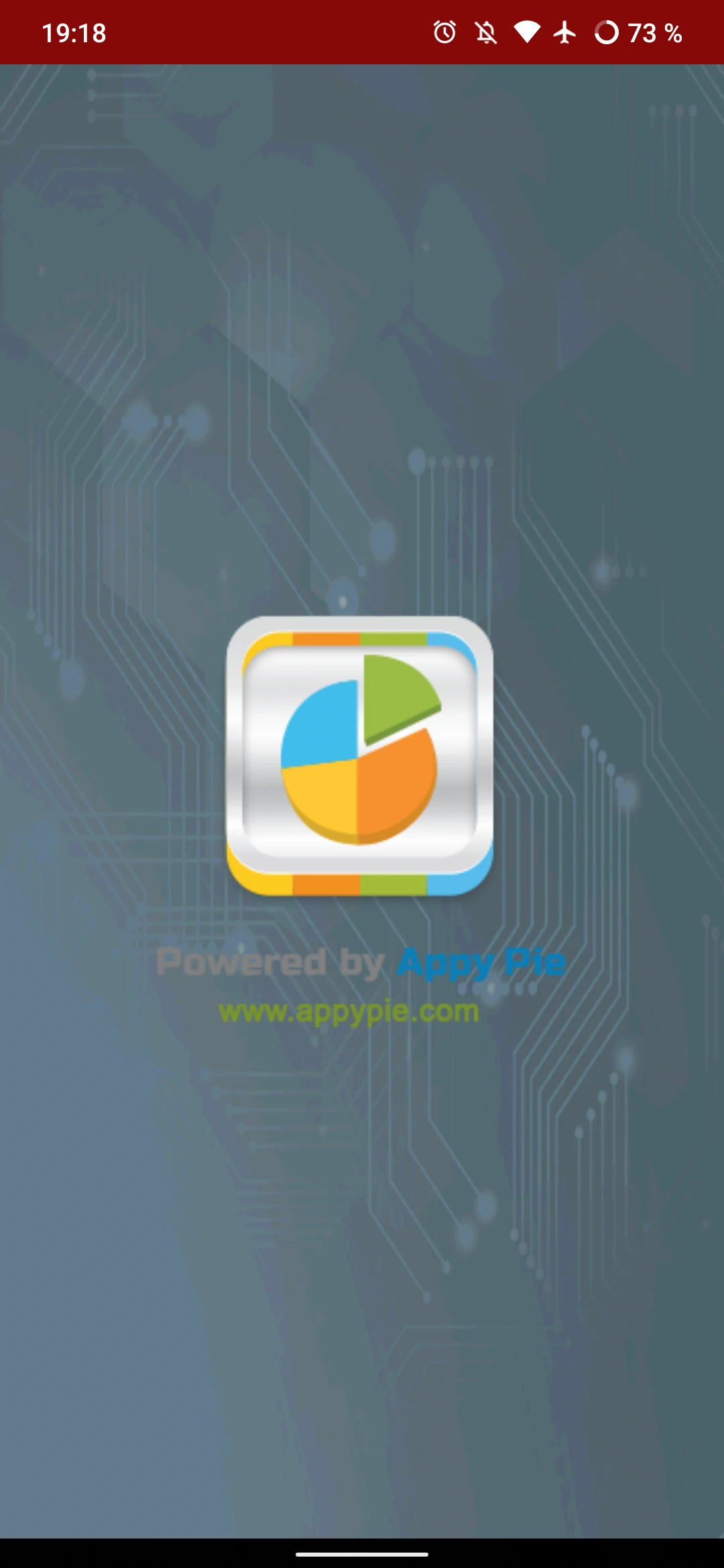 The grey launch screen of an AppyPie app with a red unfitting navigation bar.
