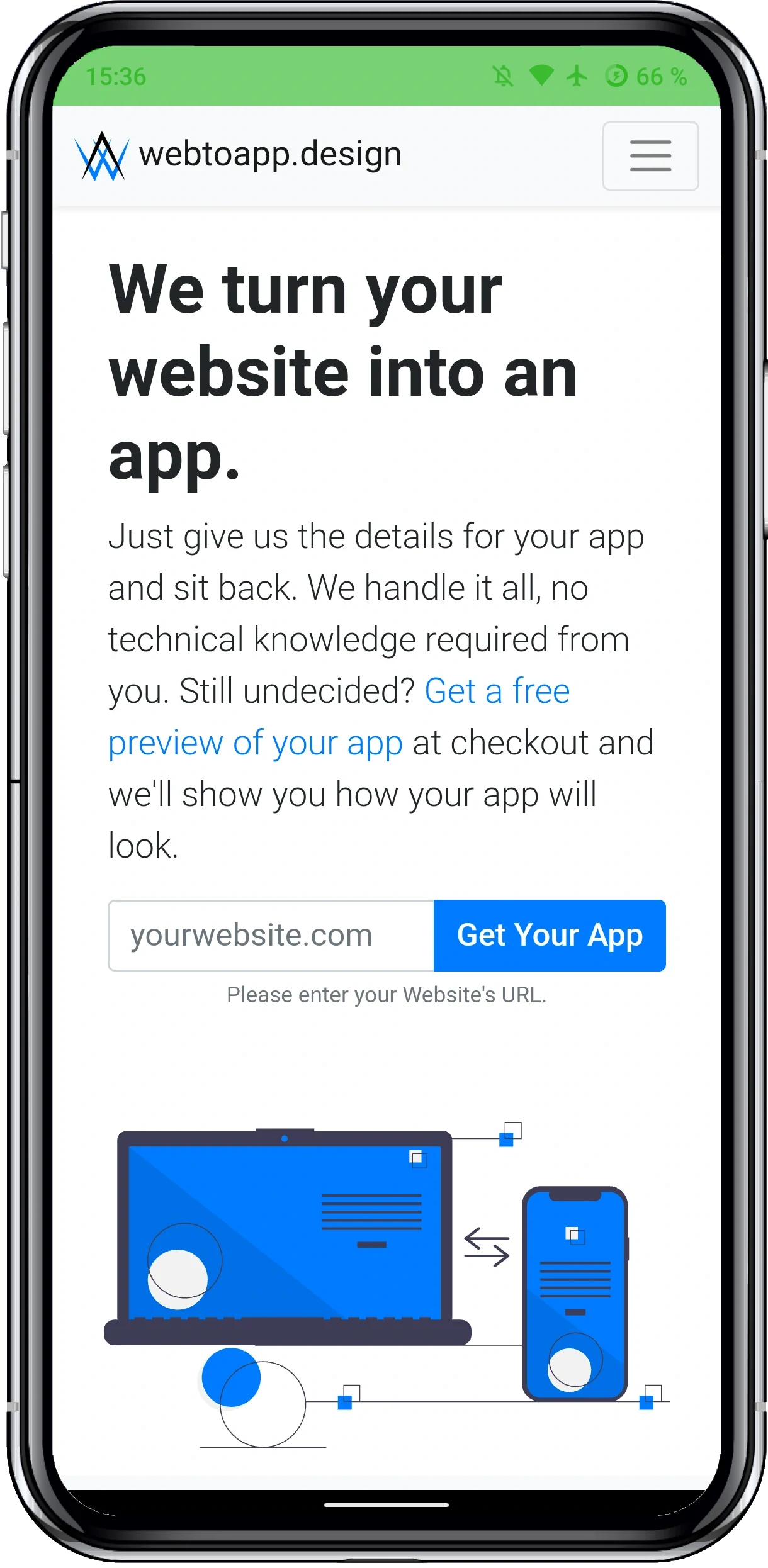 A screenshot of our app with the 'just website' layout.