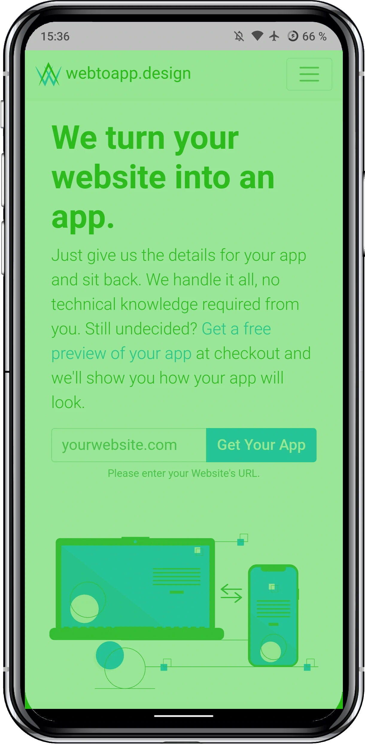 A screenshot of our app with the 'just website' layout.