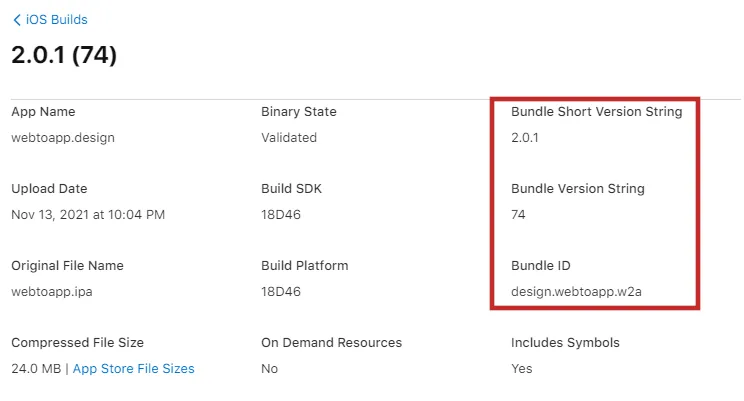 A screenshot of the build metadata screen with the bundle short version string and bundle version string highlighted.