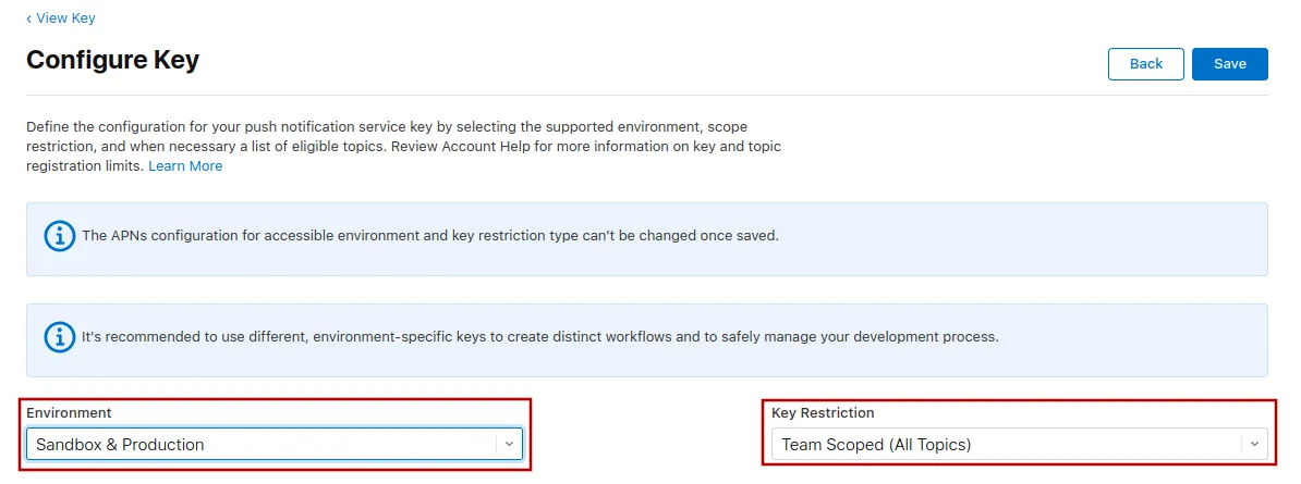 A screenshot highlighting the environment and key restriction dropdowns.