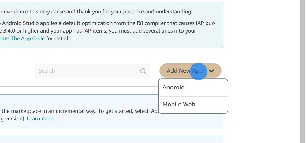 Click "Add New App" and select Android.