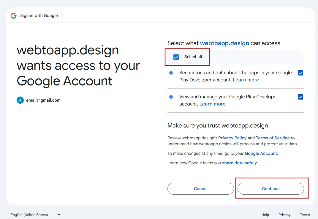 A screenshot where Google informs you what access we will have to your developer account.