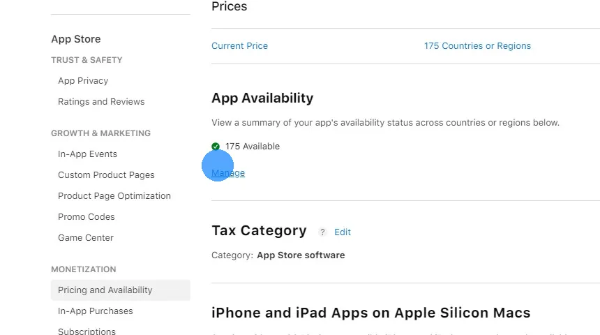 Click "Manage" under "App Availability".