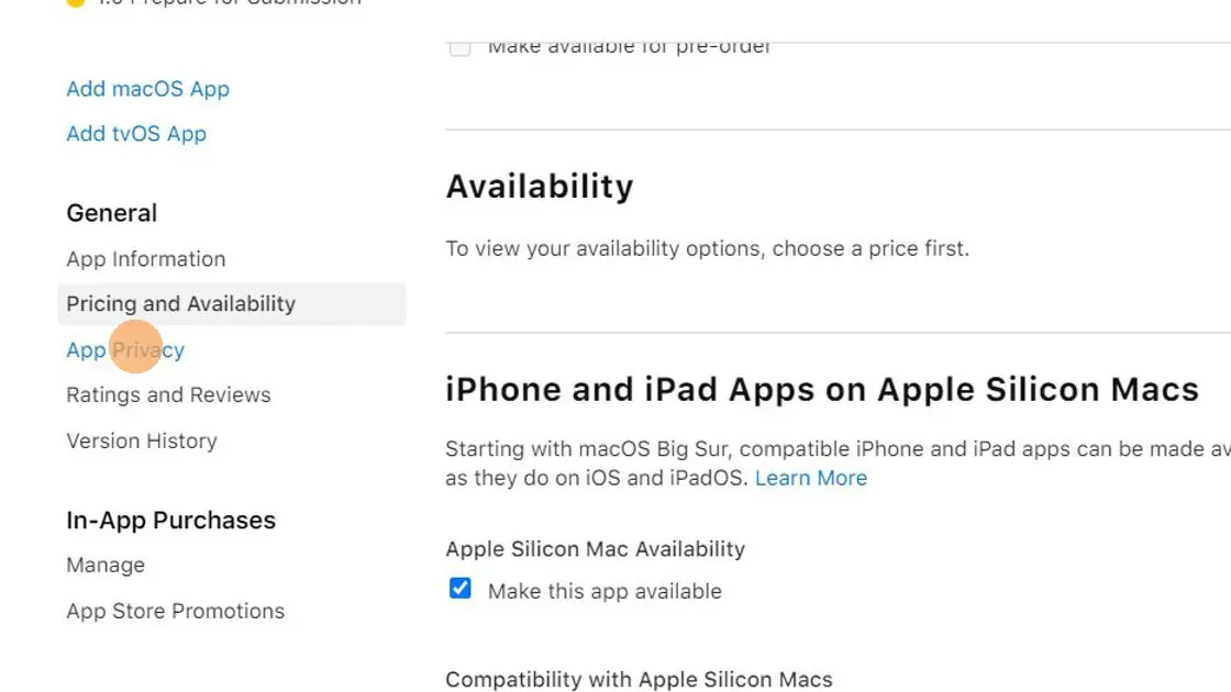 A screenshot of the App Store Connect menu.