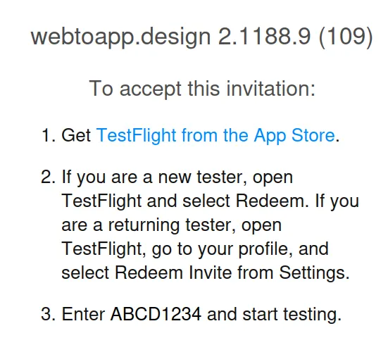 A screenshot of the website containing the invitation code.