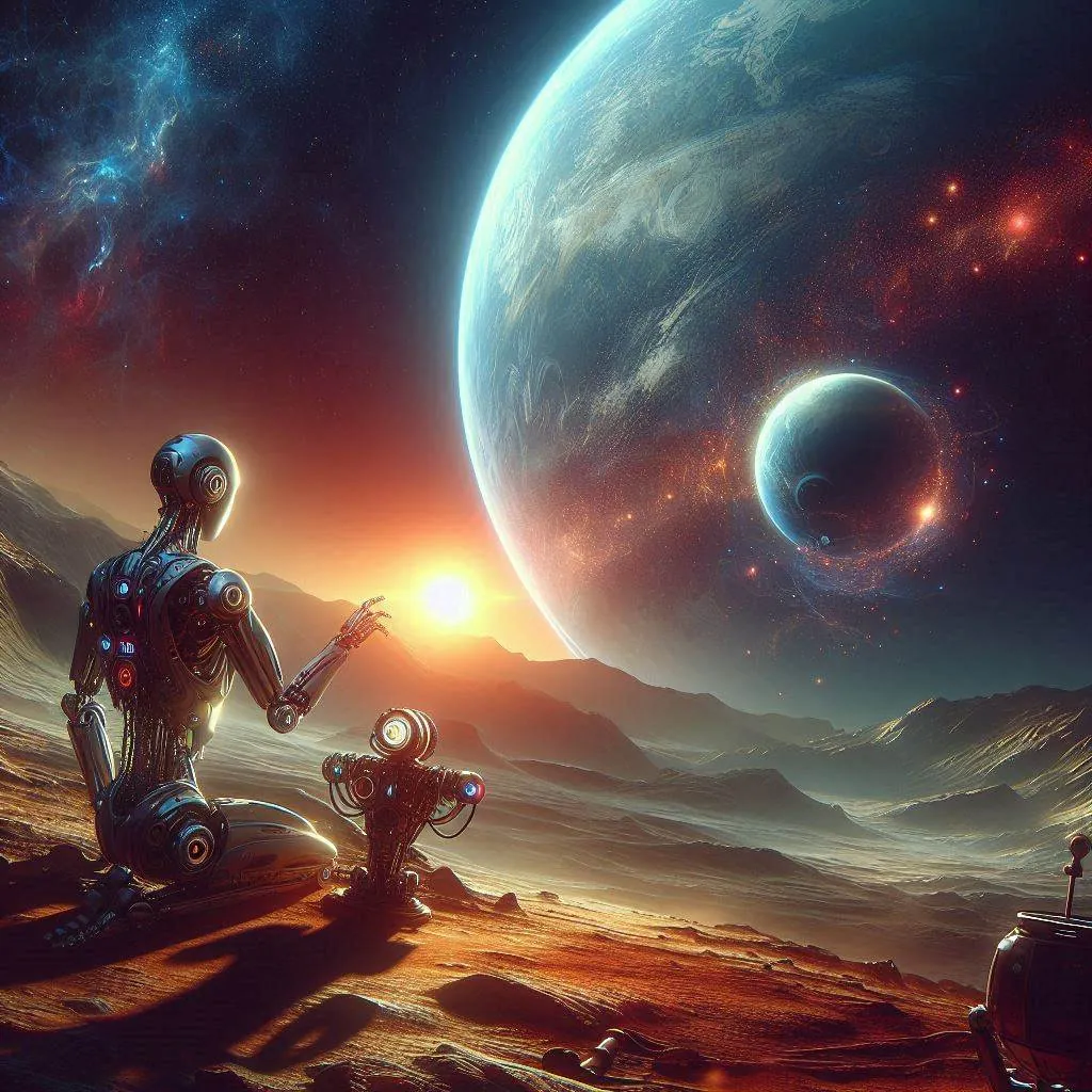 A humanoid robot looking at a planet to gather information, digital art