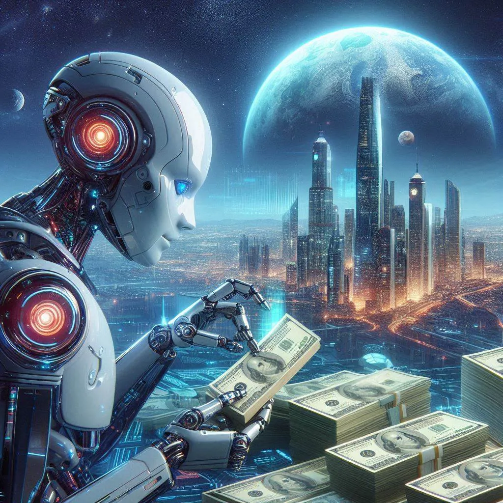A humanoid robot inspecting futuristic money with a planet in the background, digital art