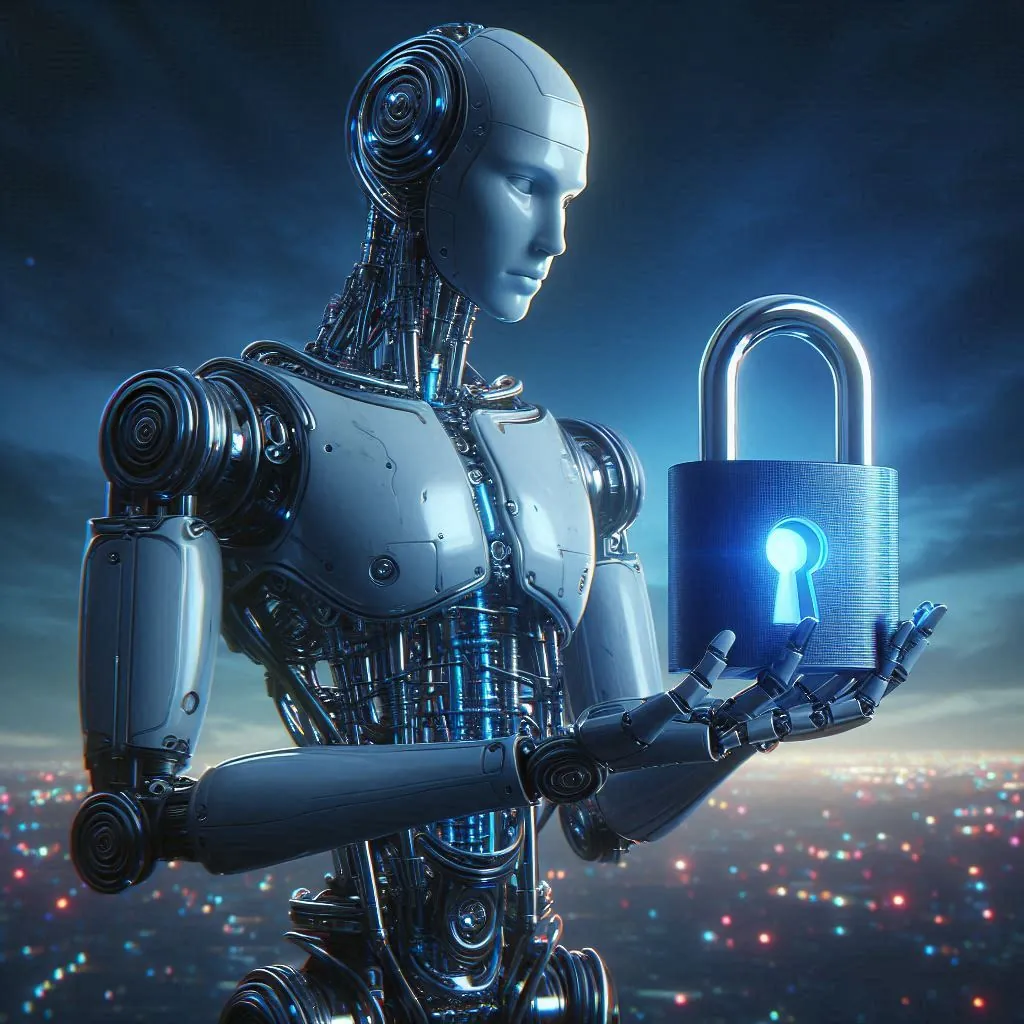 A humanoid robot holding a large blue lock, digital art