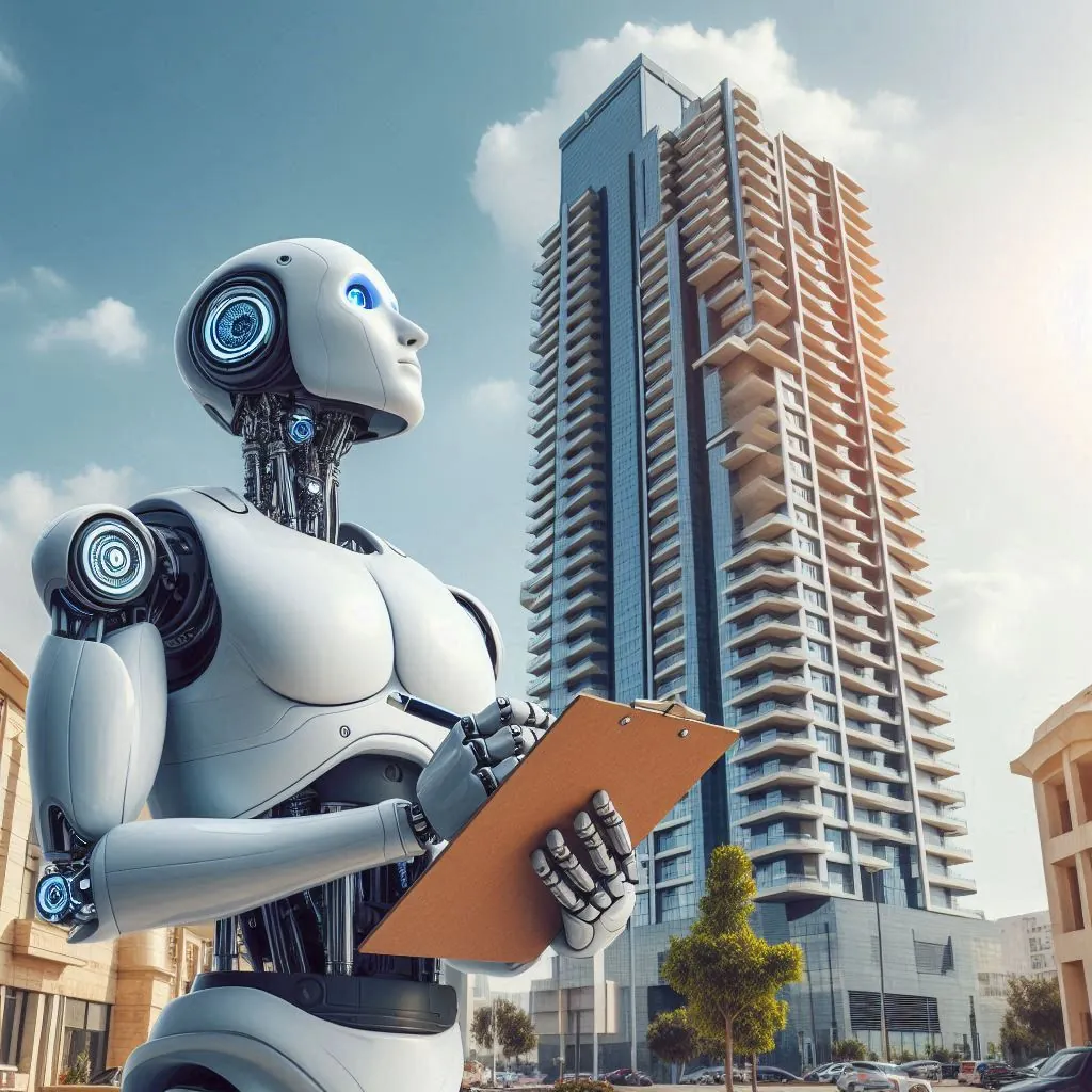 A humanoid robot looking up at a high rise building while writing down information on a clipboard, digital art