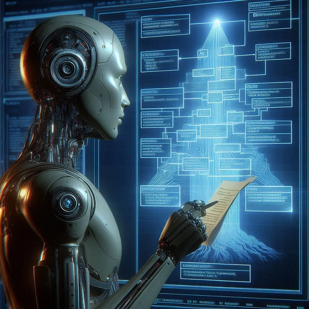 A humanoid robot looking at a version tree diagram, digital art