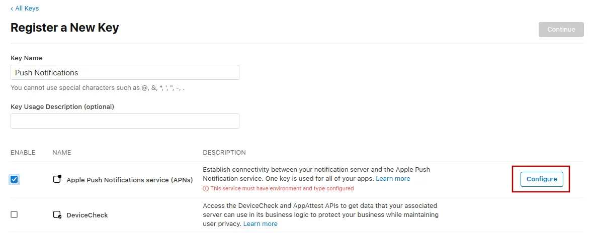 Click "Configure" on the right side of the Apple Push Notifications service checkbox.