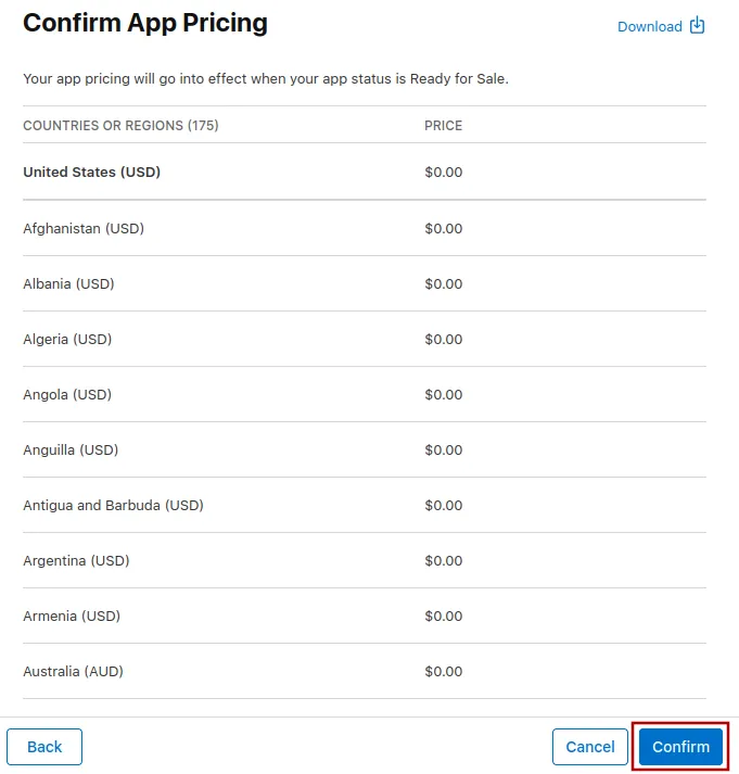 Screenshot of the dialog to confirm the selected pricing.