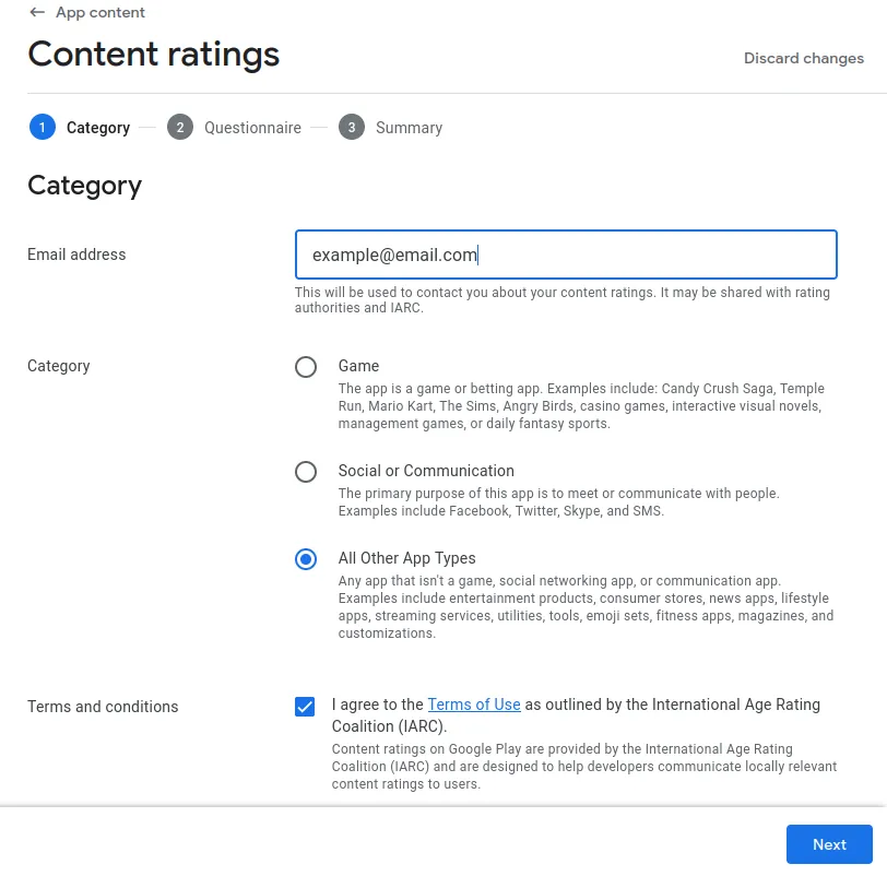 A screenshot of the first page of the content rating questionnaire.