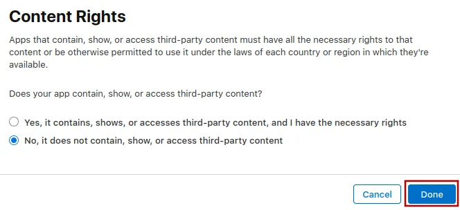 A screenshot of the content rights setup button.