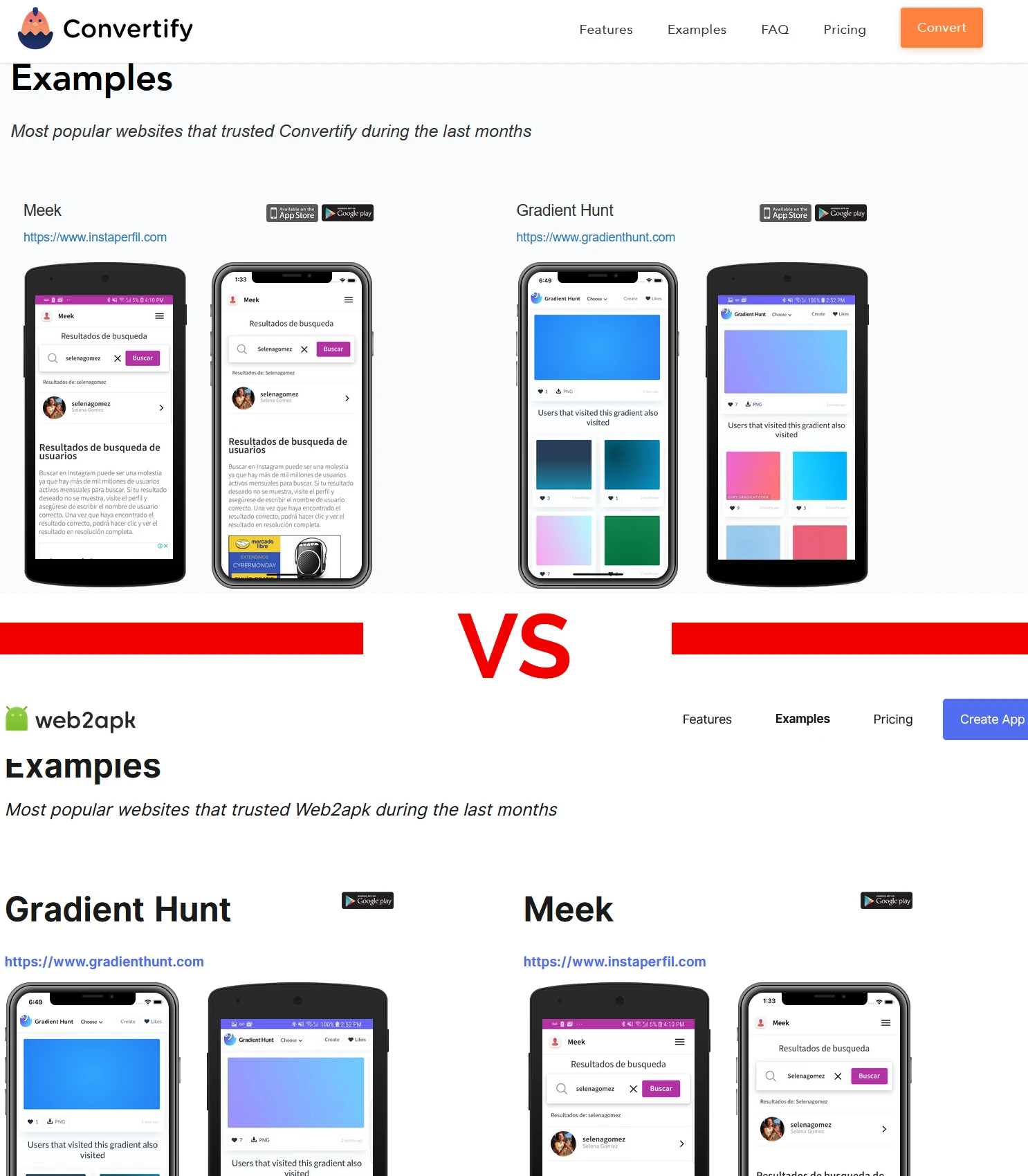 Convertify and Web2Apk use the same apps on their examples page.