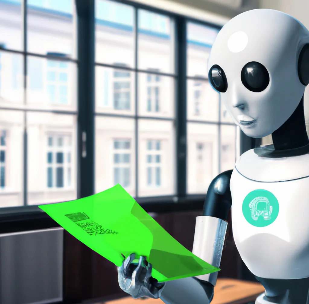 A robot in an office looking at an app identifier, digital art