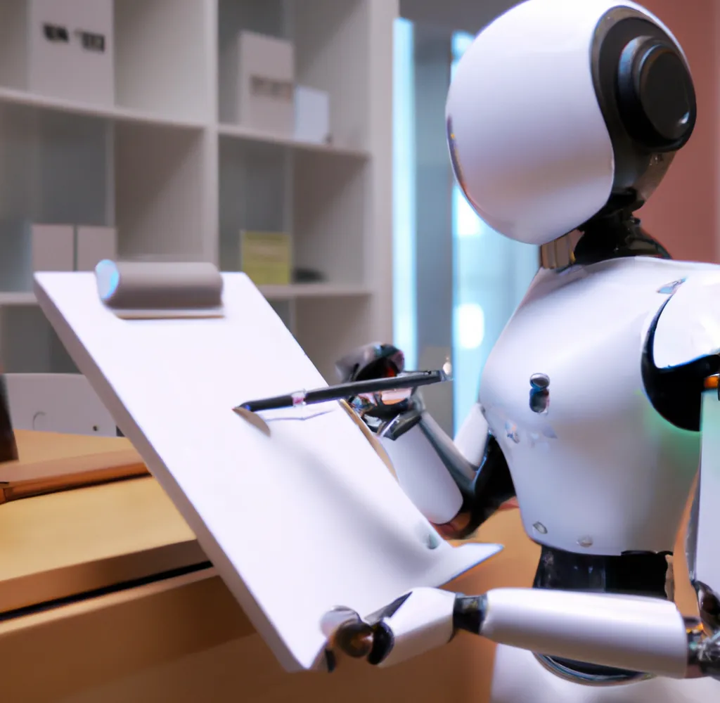 A cute humanoid robot holding a clipboard in a well lit office, digital art