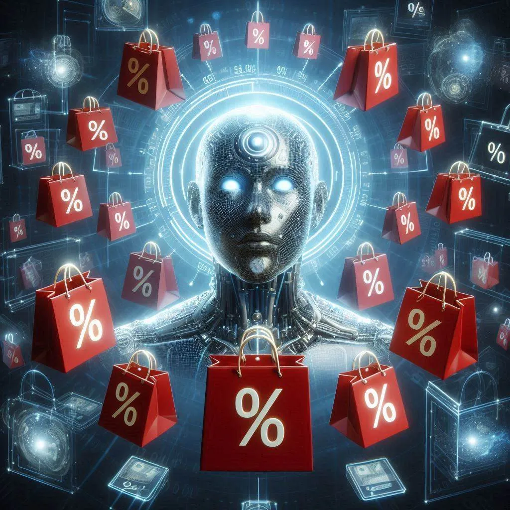 A humanoid robot surrounded by red bags with percentage signs, digital art