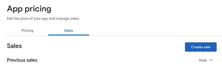 A screenshot of the Google Play Console app pricing page.