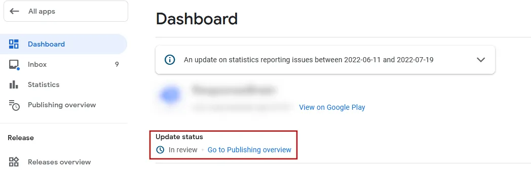 A screenshot of the dashboard showing the app being in review.