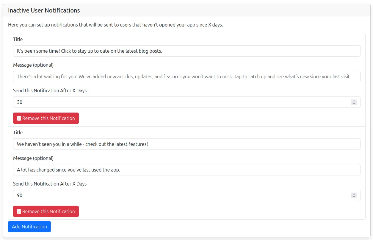 A screenshot of the push notification settings with two inactive user notifications configured.