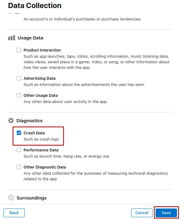 A screenshot of the data collection dialog with crash data highlighted.