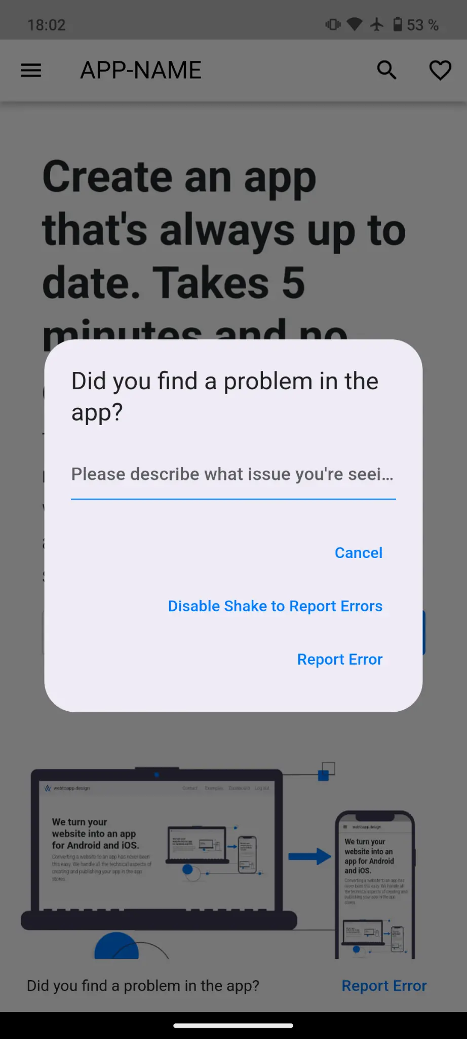 A screenshot of the dialog that pops up where you can describe the error..