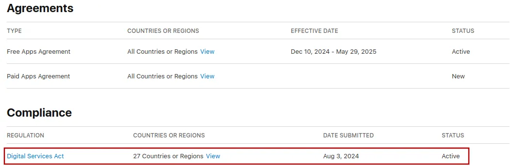A screenshot that shows the status "Active" next to the digital services act in the compliance section.