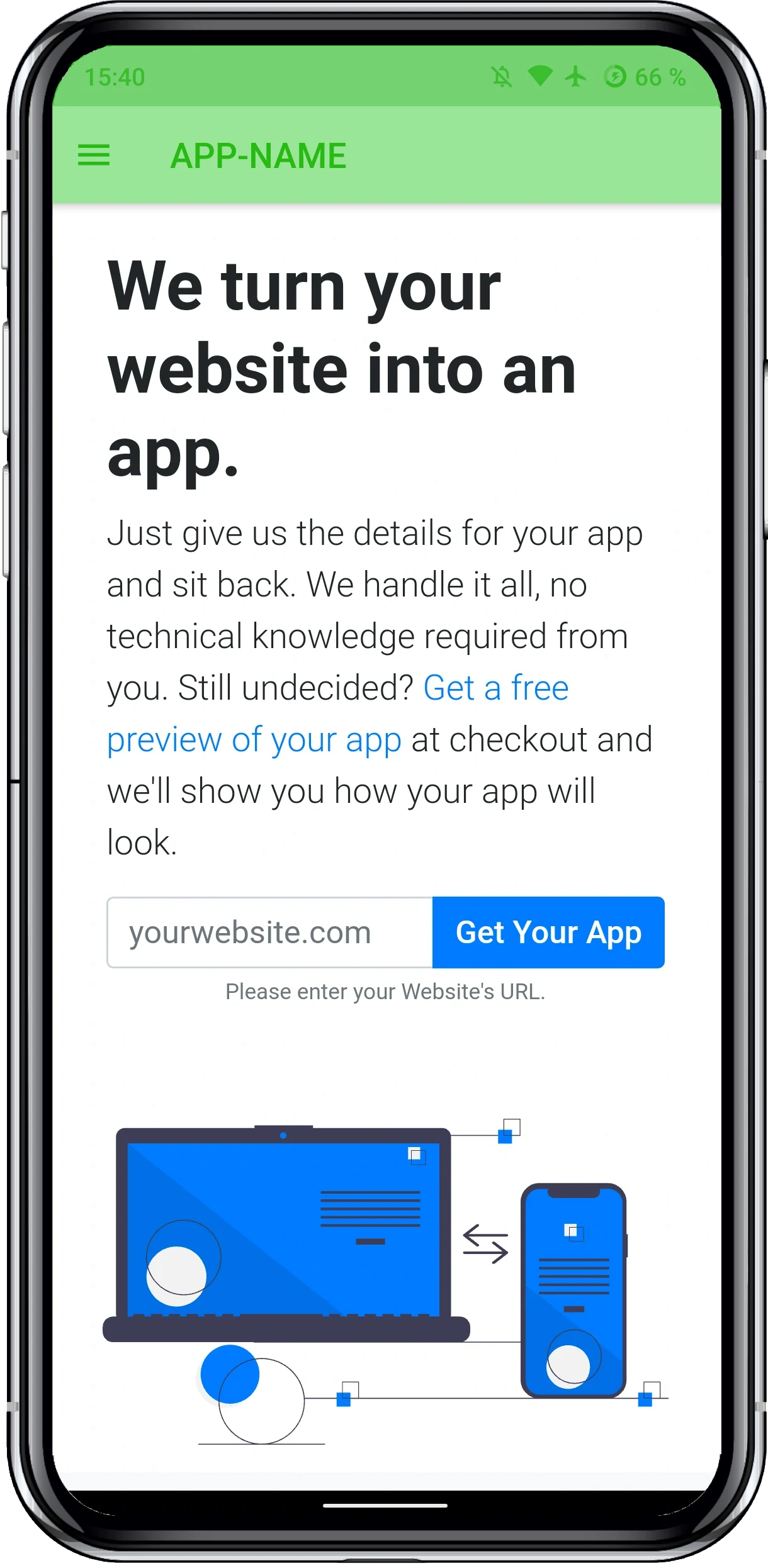 A screenshot of our app with the 'drawer menu' layout.