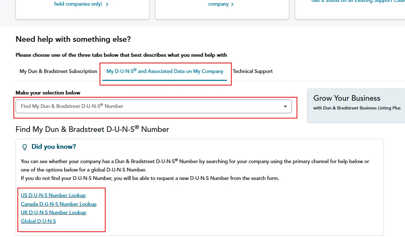 A screenshot where the various DUNS number lookup tools from the above link are highlighted.