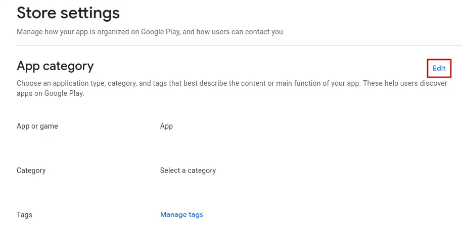 A screenshot of the app category section in the Google Play Console.